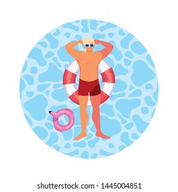 young man with swimsuit and float lifeguard in water