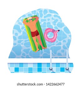 young man with swimsuit and float mattress in water