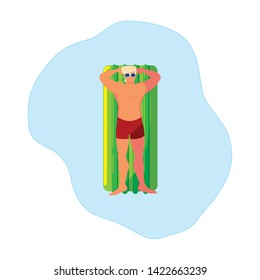 young man with swimsuit and float mattress in water