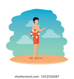 young man with swimsuit and float on the beach