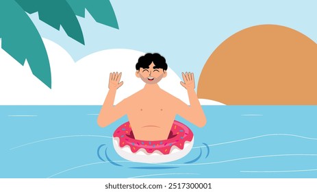 Young man in a swimsuit floating in the sea with a donut-shaped inflatable.
