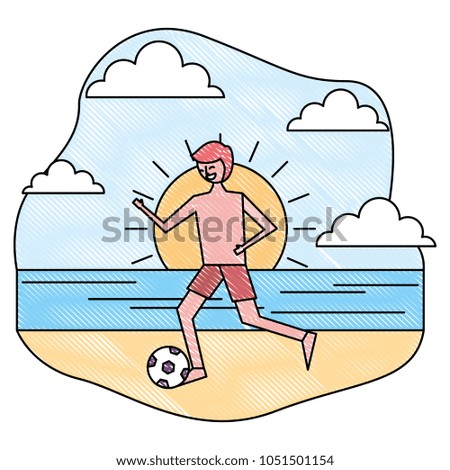 young man in swimsuit playing with ball in the beach