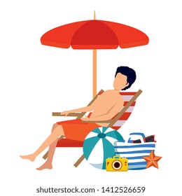young man with swimsuit seated in beach chair with summer icons