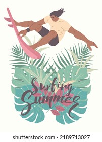 Young man in swimsuit with surfboard on Colorful tropical leaves summer, Template with place for banner, text. Vector design illustration.
