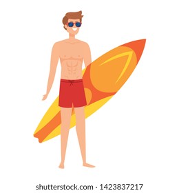 young man with swimsuit and surfboard vector illustration design