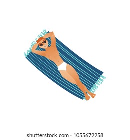 Young man in swimwear and sunglasses sunbathes laying on big blue beach towel with his hands behind the head isolated on white background. Top view. Cartoon style vector illustration.