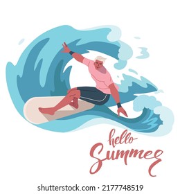 Young man in swimwear surfing and big wave in sea or ocean. Happy surfers in beachwear with surfboards isolated on white background. Vector design illustration.