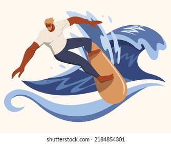 Young man in swimwear surfing and big wave in sea or ocean. Happy surfers in beachwear with surfboards isolated on white background. Vector design illustration.