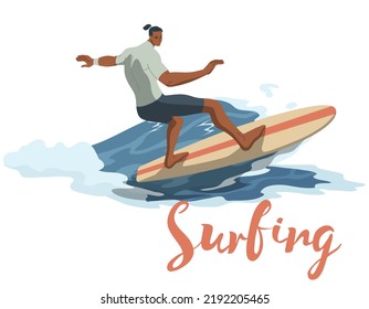 Young man in swimwear surfing and big wave in sea or ocean. Happy surfers in beachwear with surfboards isolated on white background. Vector design illustration.