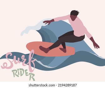 Young man in swimwear surfing and big wave in sea or ocean. Happy surfers in beachwear with surfboards isolated on the sea wave background.
Vector design illustration. 