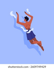 Young man in swimwear is swimming in ocean at summer vacation top view. Happy boy is floating in pool in sea resort on holidays. Tanned swimmer has fun in water. Flat isolated vector illustration.