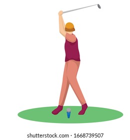 Young Man Swinging with Golf Club, Male Golfer Player Playing Golf on Course, Outdoor Sport or Hobby Vector Illustration