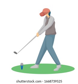 Young Man Swinging with Golf Club, Male Golfer Player Playing Golf on Course, Outdoor Sport or Hobby Vector Illustration