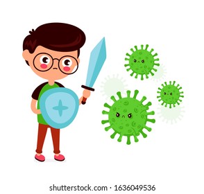 Young man with sword and shield fight with bad coronavirus infection,micro bacteria.Vector flat style cartoon character illustration.Isolated on white background. China corona virus epidemic concept