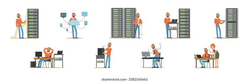 Young Man Sysadmin Character Working on Computer Doing Technical Work with Server Vector Set