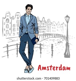 Young man with tablet in Amsterdam, Netherlands
