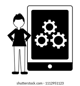 young man with tablet device and gears isolated icon