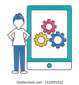 young man with tablet device and gears isolated icon