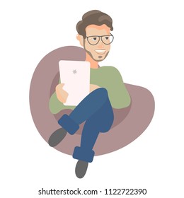 Young man with tablet sitting in sofa. Vector character isolated on white background. 