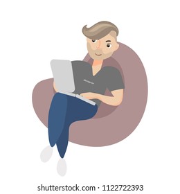 Young man with tablet sitting in sofa. Vector character isolated on white background. 