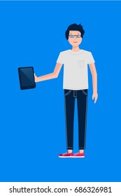 Young man with tablet. Vector illustration