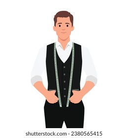 Young man tailor with a measuring tape around his neck. Flat vector illustration isolated on white background