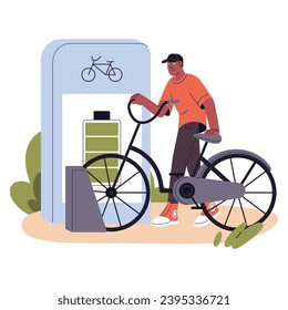 Young man take bicycle from energy station after full charge. Person parking electric bike. Service for urban eco vehicle. Active lifestyle. Flat isolated vector illustration on white background