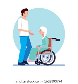 young man take care of old woman vector illustration design