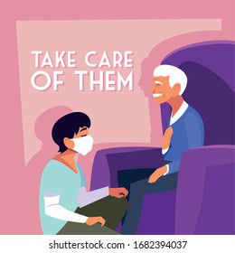 young man take care of old man, label take care of them vector illustration design