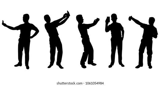 Young man take photo with cellphone silhouette vector set