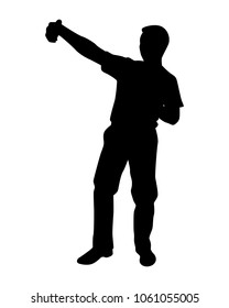Young man take photo with cellphone silhouette vector