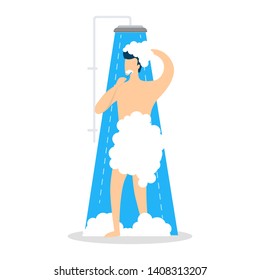 Young man take shower in the bathroom. Male character standing under the water. Everyday routine and hygiene. Isolated vector illustration in cartoon style