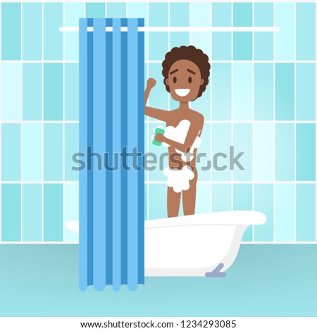 Young man take shower in the bathroom. Male character standing under the water behing curtain. Everyday routine and hygiene. Isolated flat vector illustration