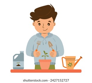 A young man takes care of seedlings in a pot. A guy with a rake and a small shovel fertilizes and waters plants for planting. Household chores and routine. Cartoon vector illustration, gardening
