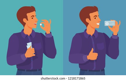 A young man takes a pill, smiling, showing approving gesture thumb up. Ad for medical tablets, vitamins. Human use painkiller therapy. Vector cartoon flat style illustration on a colored background.