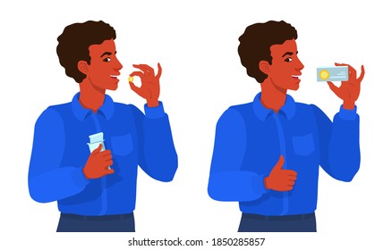 A young man takes a pill, smiling, showing approving gesture thumbs up. An African American boy holds a cardboard box of pills. Ad for medical tablets, drugs. Vitamins advertising. Before and after.