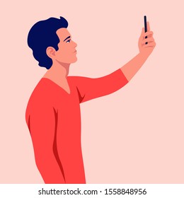 A young man takes a selfie and holds his smartphone in his hand. A blogger is photographed for a social network. Vector flat illustration