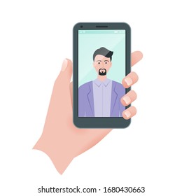 Un joven se toma un selfie usando un smartphone. Cierra la mano del hombre sosteniendo el teléfono móvil. Ilustración plana
