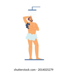Un joven se ducha. Ilustración vectorial plana del carácter en el baño aislado sobre fondo blanco. Ilustración de la rutina diaria.