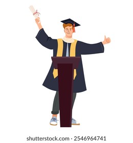 Young man takes stage at his graduation ceremony, celebrating success. The happy graduate wearing gown and cap proudly holds his diploma as he smiles, marking new chapter Cartoon vector illustration