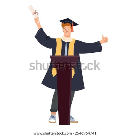 Young man takes stage at his graduation ceremony, celebrating success. The happy graduate wearing gown and cap proudly holds his diploma as he smiles, marking new chapter Cartoon vector illustration