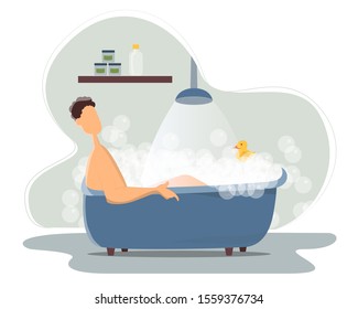 Young man taking bath in bathroom with rubber duck. Bathtub full of foam with bubbles. Hygiene, everyday routine, relax.