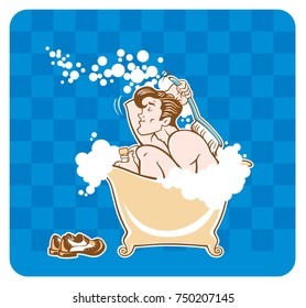 Young man taking bath. Vector illustration.