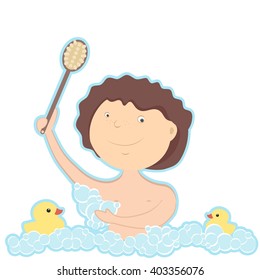 Young man taking bath with yellow ducks