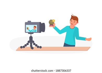 Young man taking a broadcast for social media network vector illustration. Male vlogger makes a live streaming.