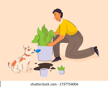 Young man taking care of plants and dog cartoon on peach background.