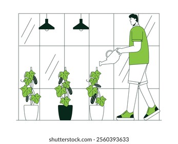 Young man taking care of plants by watering them with water, urban farming vector illustration.