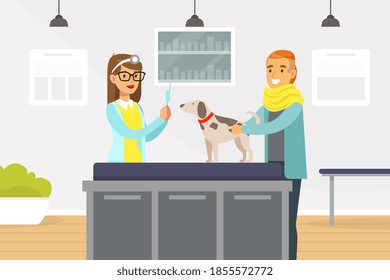 Young Man Taking Her Dog to Veterinarian for Vaccination, Veterinary Clinic Medical Doctor Examining and Treating Pet Animal, Vet Clinic Interior Vector Illustration