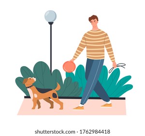 Young man taking his dog for a walk carrying the lead and a flying saucer in his hands for exercise, colored vector illustration