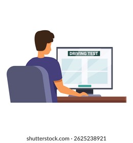 Young man is taking his driving test on a computer, concentrating on the questions